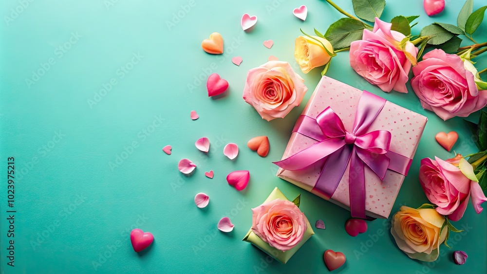 A charming flat lay of a gift box, vibrant roses, and hearts against a pastel backdrop, perfect for celebrating Valentine’s Day or Mother’s Day love and joy. A charming flat lay of a gift box, vibrant roses, and hearts against a pastel backdrop, perfect for celebrating Valentine’s Day or Mother’s Day love and joy.