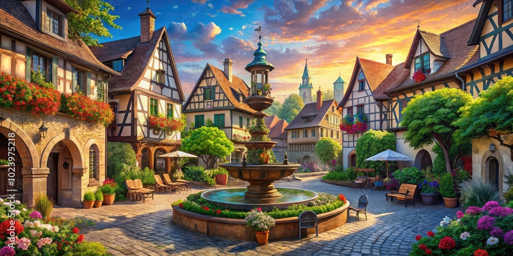 Obraz premium A charming fantasy village square features a grand fountain surrounded by exquisite medieval architecture, creating a magical atmosphere brimming with enchantment and history.