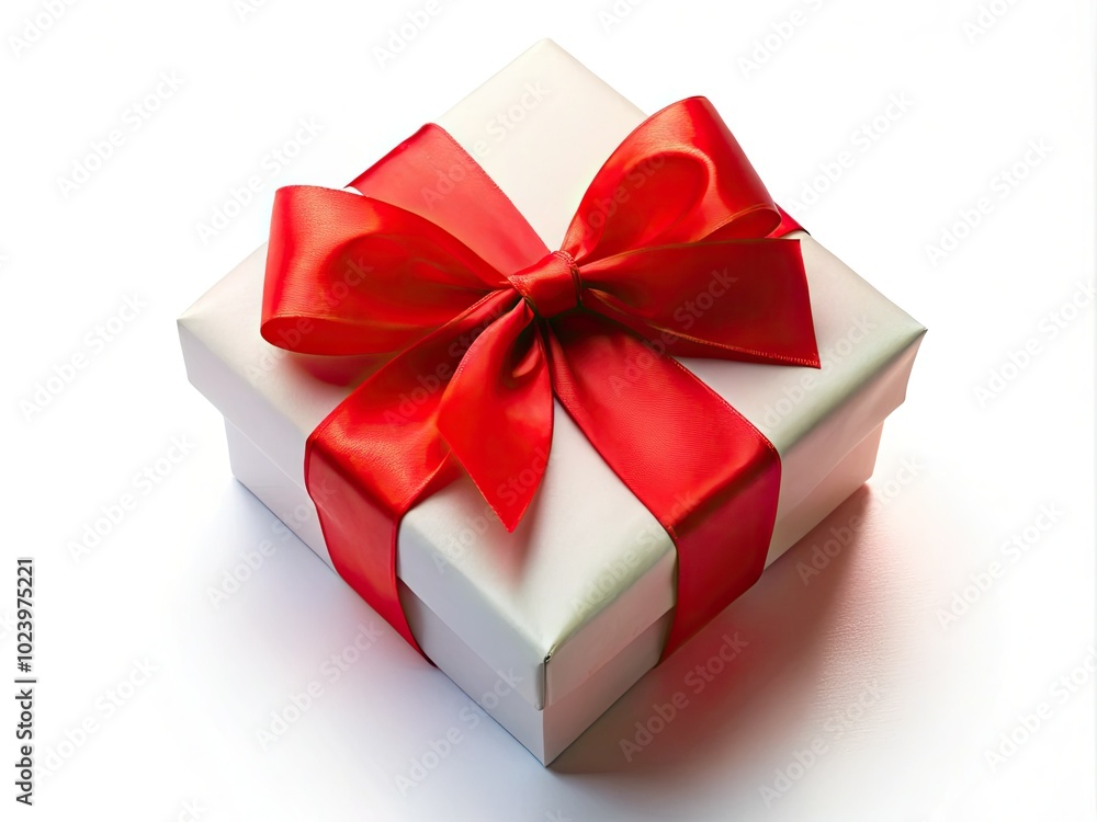 Obraz premium A charming gift box adorned with a vibrant red ribbon, set against a crisp white background, perfect for celebrating Valentineâ€™s Day or a birthday surprise.