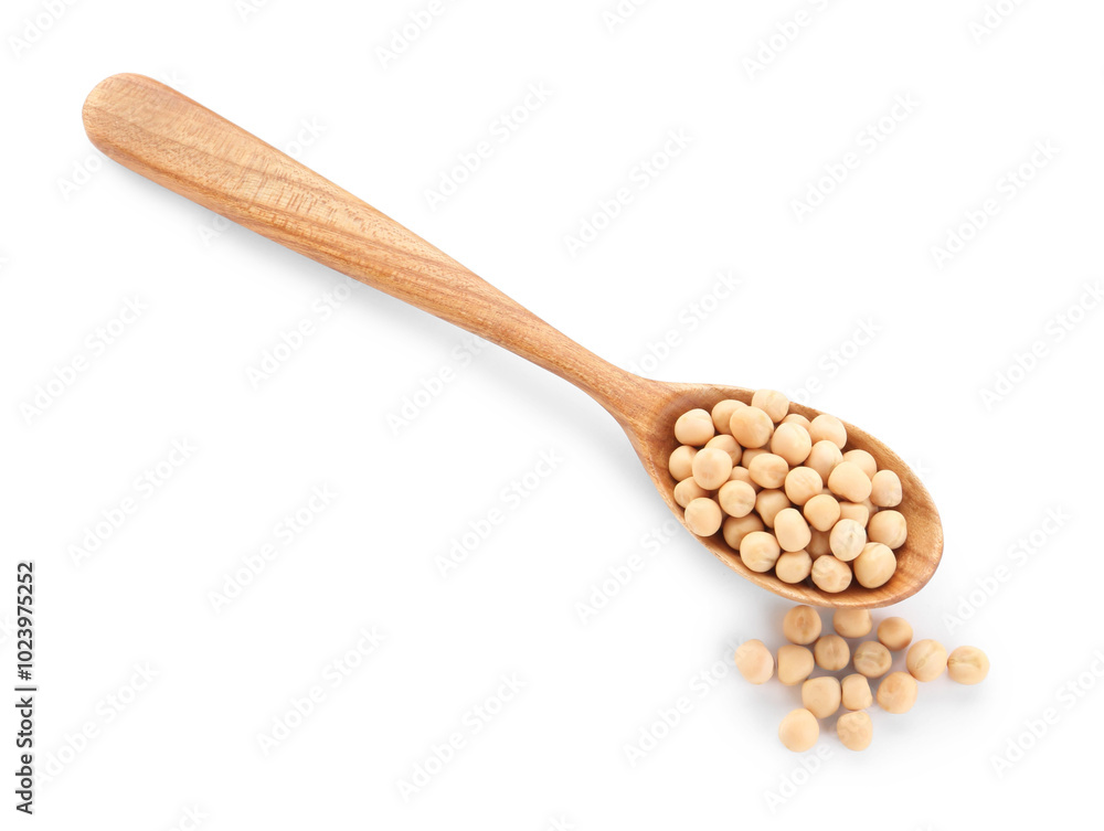 Spoon with dried peas isolated on white, top view Spoon with dried peas isolated on white, top view