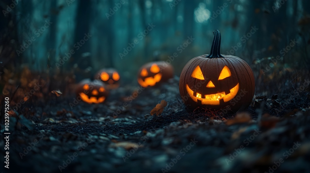 Halloween pumpkins in the forest at night.Halloween background with Evil Pumpkin. Spooky scary dark Night forrest. Holiday event halloween banner background concept Halloween pumpkins in the forest at night.Halloween background with Evil Pumpkin. Spooky scary dark Night forrest. Holiday event halloween banner background concept