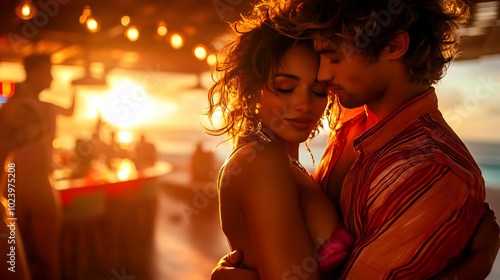 A romantic sunset embrace b...