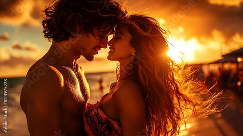 Romantic sunset embrace between a couple on the beach.