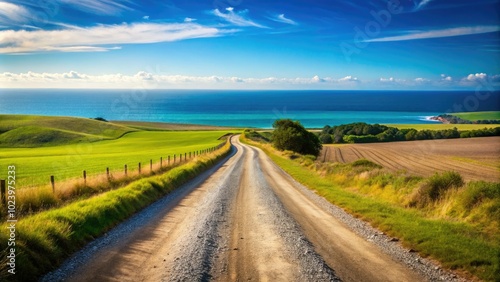 A charming gravel road curves through the idyllic coastal fields, drawing the eye toward the peaceful blue sea horizon that beckons with its tranquil beauty.