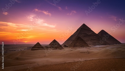 Ancient pyramids at sunset