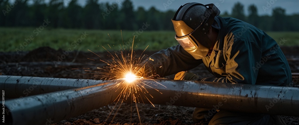 Skilled welder assembling durable pipelines for infrastructure project, well lit, but full of determination, the weather is cloudy but without rain, it is dark outside Skilled welder assembling durable pipelines for infrastructure project, well lit, but full of determination, the weather is cloudy but without rain, it is dark outside