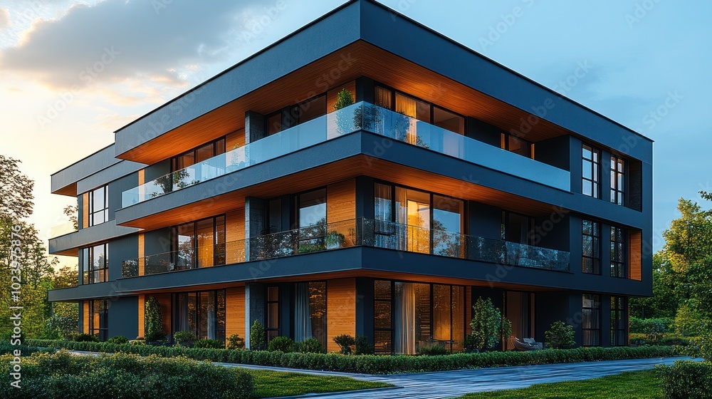 Modern apartment building with black exterior, large windows, and balconies, with a warm glow from the interior lights and a lush green lawn in the foreground. Modern apartment building with black exterior, large windows, and balconies, with a warm glow from the interior lights and a lush green lawn in the foreground.