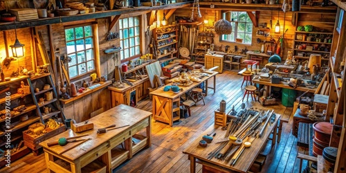 A charming vintage woodworking shop, filled with tools and shelves, inspires artisan crafts and creative projects in a warm, inviting atmosphere of craftsmanship.