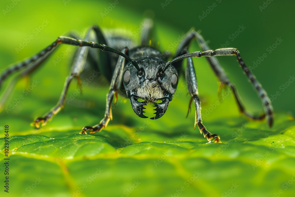 A small black ant resting on green leaf in the forest A small black ant resting on green leaf in the forest