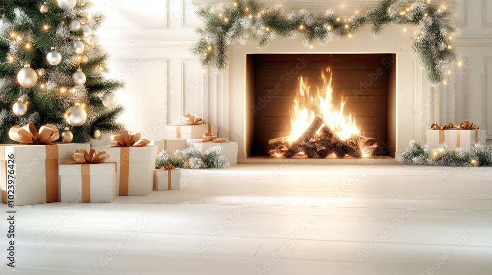 Cozy holiday scene with a decorated tree and a warm fireplace, white background. Cozy holiday scene with a decorated tree and a warm fireplace, white background.