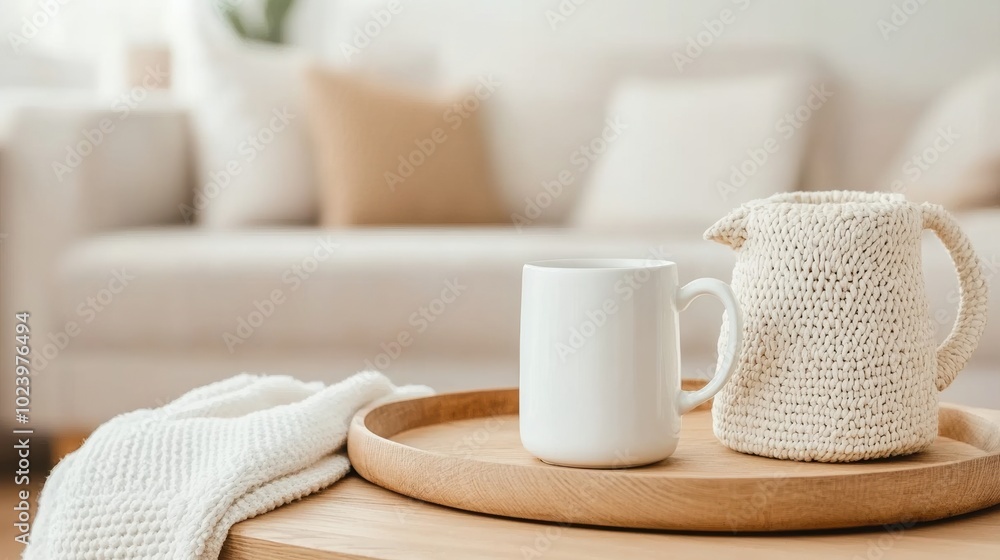 Cozy interior scene with a white mug and pitcher on a wooden tray. Cozy interior scene with a white mug and pitcher on a wooden tray.