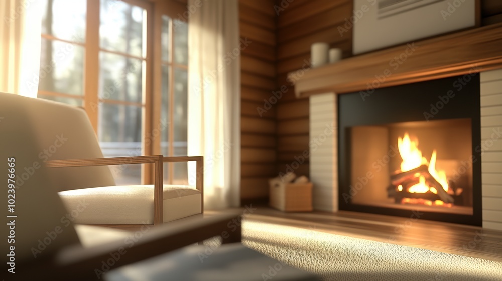 Cozy living room with a fireplace and natural light streaming through the windows. Cozy living room with a fireplace and natural light streaming through the windows.