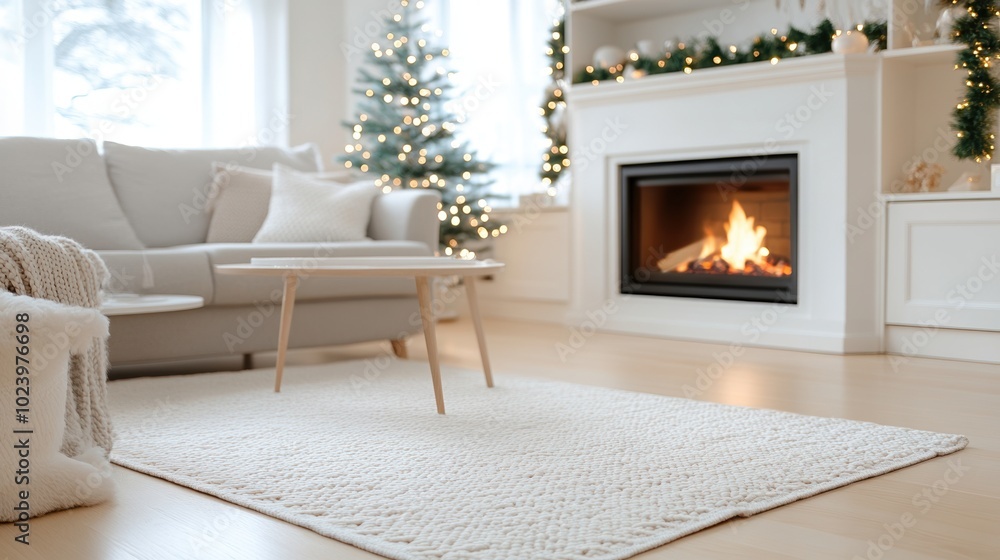 Cozy living room with a fireplace, Christmas tree, and festive decorations. Cozy living room with a fireplace, Christmas tree, and festive decorations.