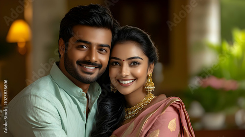 A joyful couple poses toget...