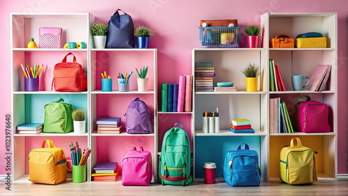 A cheerful display of colorful school supplies and a trendy backpack arranged on white shelves, harmonizing beautifully with a soft pink background, perfect for young learners. photo