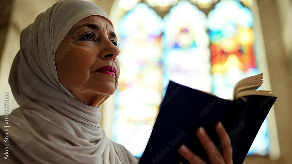A woman in a hijab reading a book in a church, symbolizing unity, spirituality, and respect across different cultures and beliefs. A woman in a hijab reading a book in a church, symbolizing unity, spirituality, and respect across different cultures and beliefs.