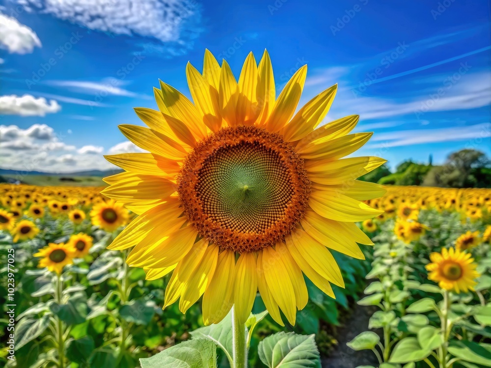 A cheerful sunflower proudly blooms in a sunny field, basking in the warmth of a bright day beneath a serene, expansive blue sky. A cheerful sunflower proudly blooms in a sunny field, basking in the warmth of a bright day beneath a serene, expansive blue sky.