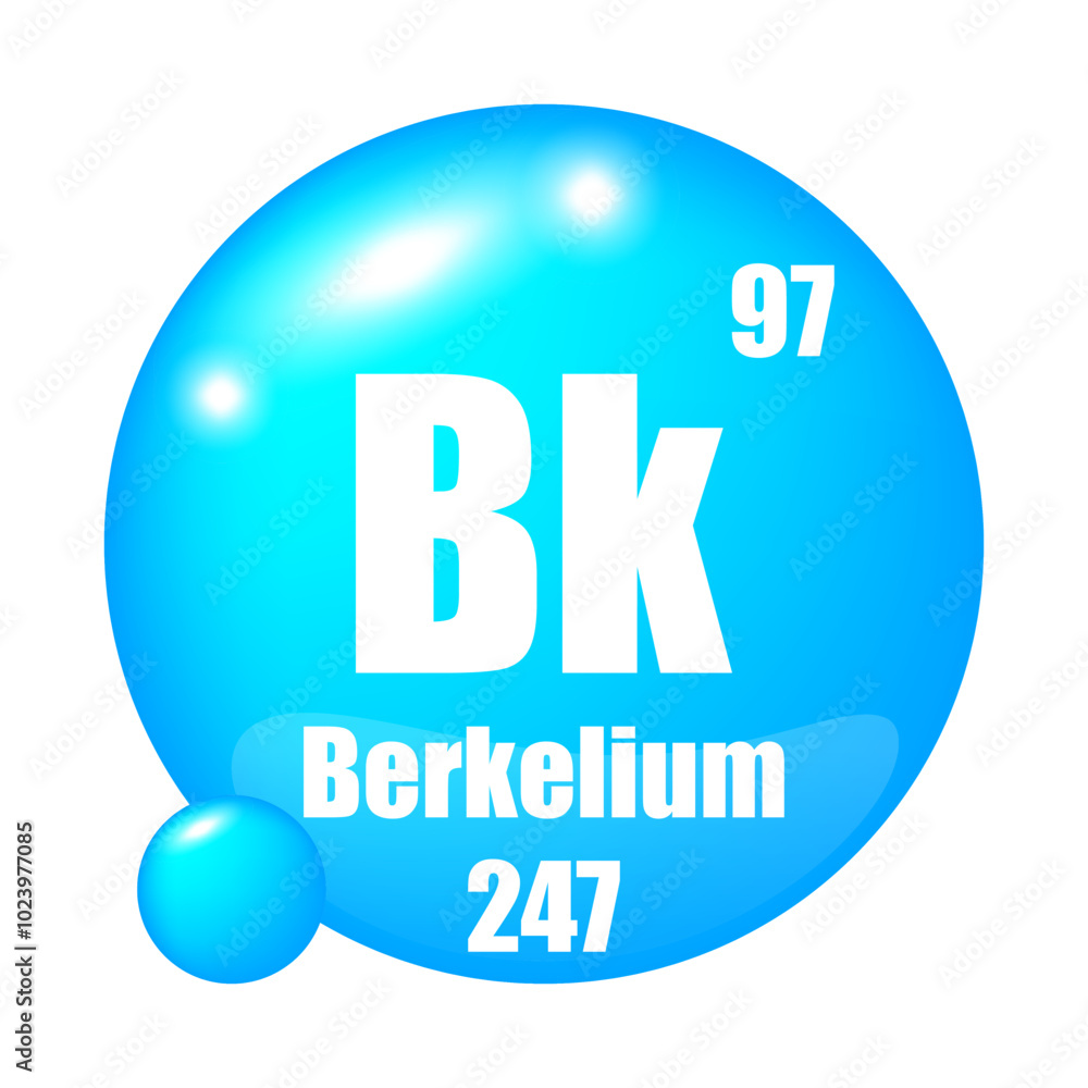 Berkelium icon. Bk chemical element. Atomic number 97. Mass 247. Blue sphere image. Berkelium icon. Bk chemical element. Atomic number 97. Mass 247. Blue sphere image.