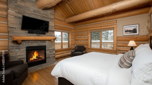 Cozy log cabin interior with modern furnishings and a warm fireplace. photo