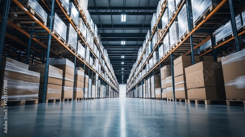 Empty Warehouse with Organized High Shelves