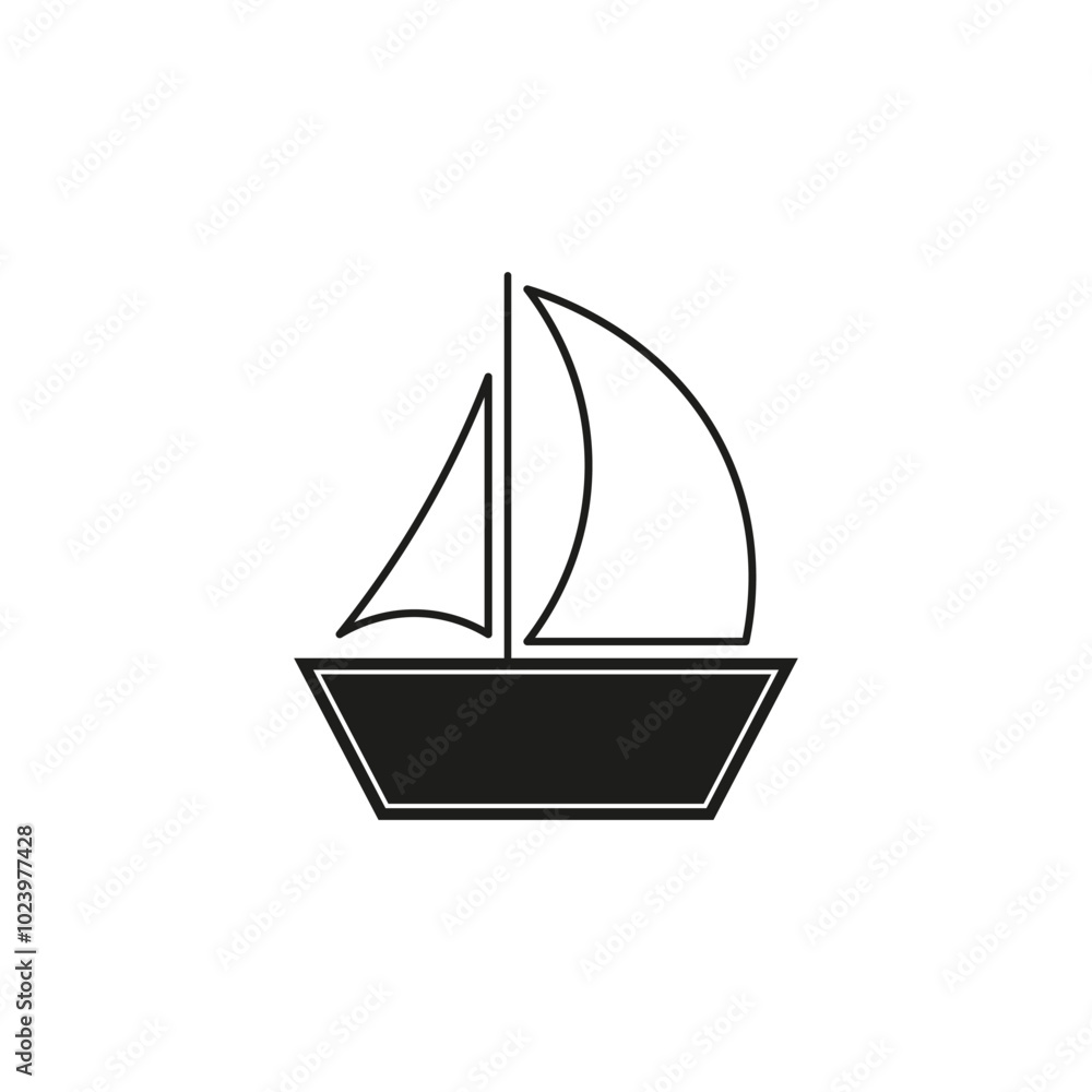 Sailboat icon. Nautical boat symbol. Sailing ship vector. Black boat outline. Sailboat icon. Nautical boat symbol. Sailing ship vector. Black boat outline.