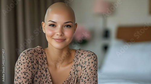 A smiling bald woman in a c...