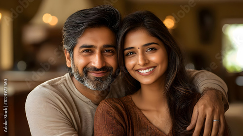 A smiling couple embraces w...
