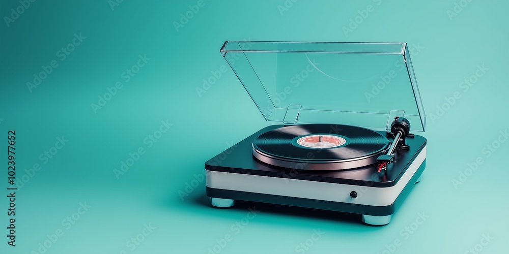 Vinyl Record Player with Transparent Cover on Teal Background Vinyl Record Player with Transparent Cover on Teal Background