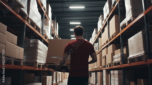 Man Walking Through Warehouse Storage Aisles