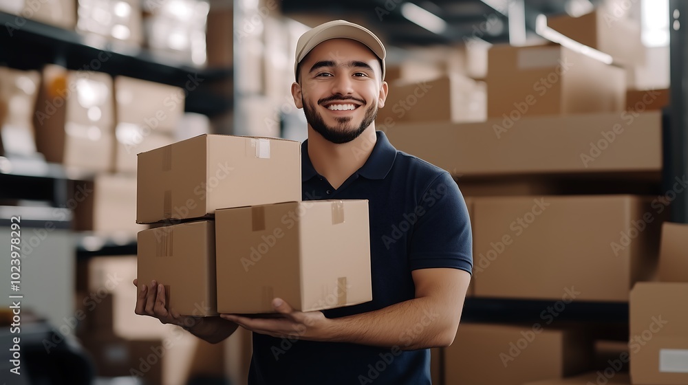 Smiling Warehouse Worker Holding Cardboard Boxes Smiling Warehouse Worker Holding Cardboard Boxes
