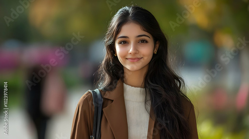 A young woman smiles warmly...