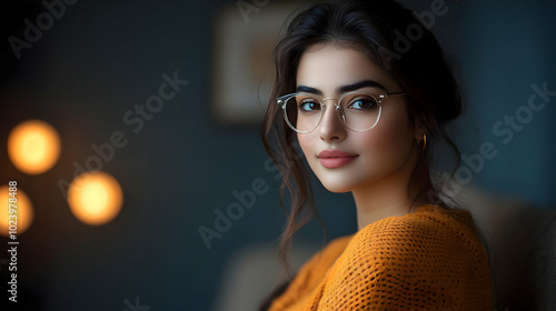 A young woman with glasses ...