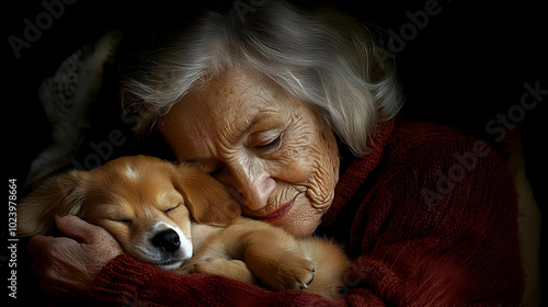 An elderly woman lovingly e...