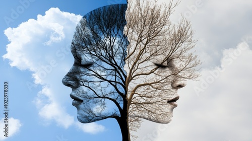 A tree shaped like two human faces symbolizes emotion and mood disorder recovery, with one half bare and the other vibrant with leaves, representing psychological therapy photo