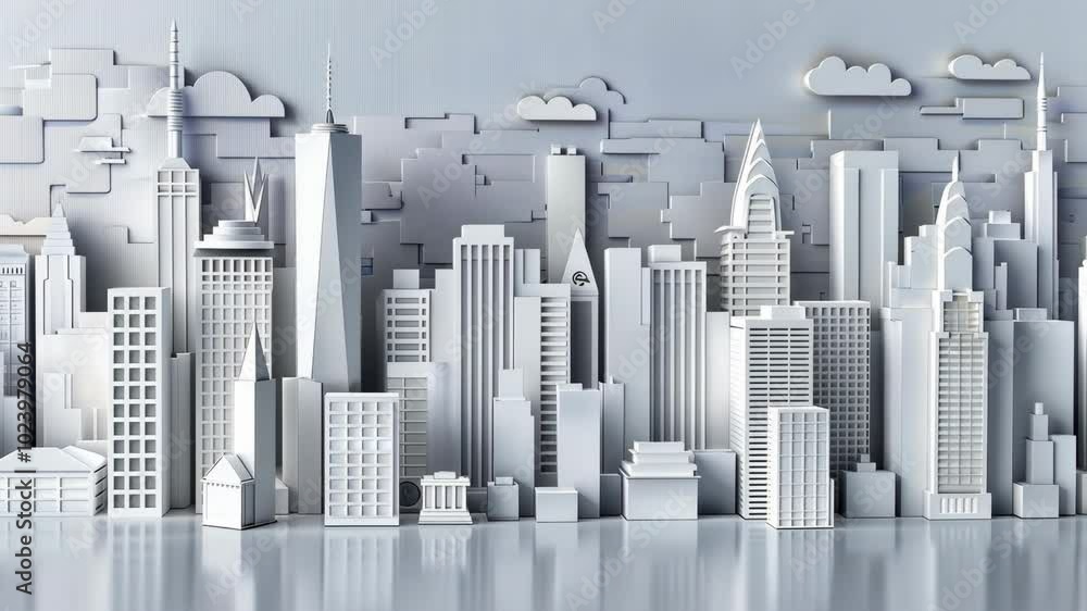 A white paper model of a city skyline, showcasing buildings, clouds, and a reflective surface A white paper model of a city skyline, showcasing buildings, clouds, and a reflective surface