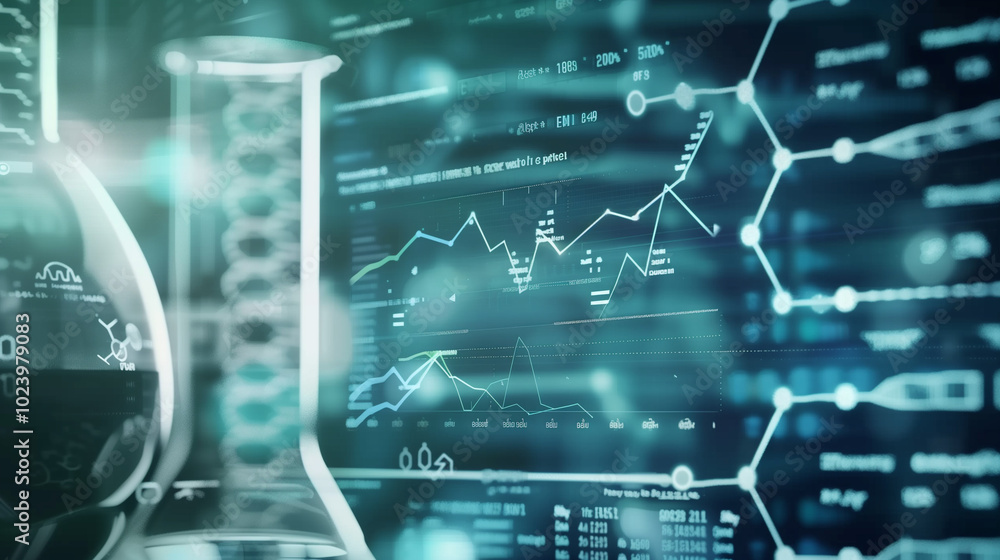 Close-up digital screen showing line graph with upward and downward trends, symbolizing cancer research progress and setbacks, medical charts and scientific symbols in background Close-up digital screen showing line graph with upward and downward trends, symbolizing cancer research progress and setbacks, medical charts and scientific symbols in background