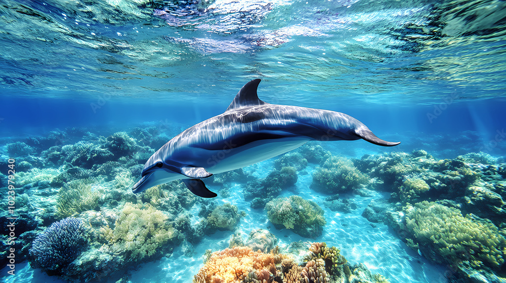 Naklejka premium A blue dolphin swimming in a blue ocean. Polynesian Island Life. Illustration