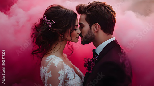 Romantic couple embracing a...