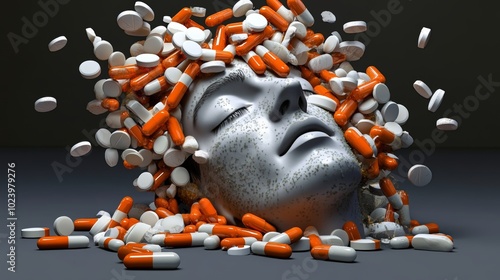 A striking 3D illustration depicting the opioid epidemic as a devastating medical crisis, where prescription painkillers threaten a patient's health and highlight the dangers of addiction