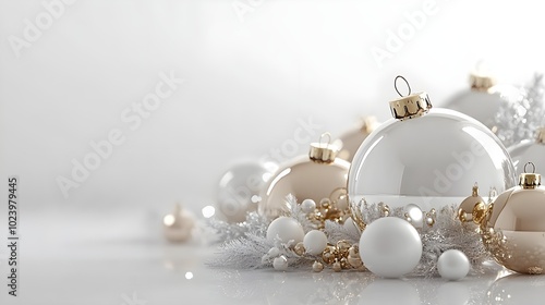 Festive white and gold Christmas ornaments and baubles. Empty glass snow ball isolated on white background