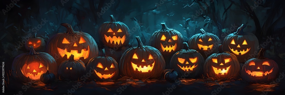 Illustration of illuminated carved pumpkins with different evil faces in darkness at Halloween night Illustration of illuminated carved pumpkins with different evil faces in darkness at Halloween night