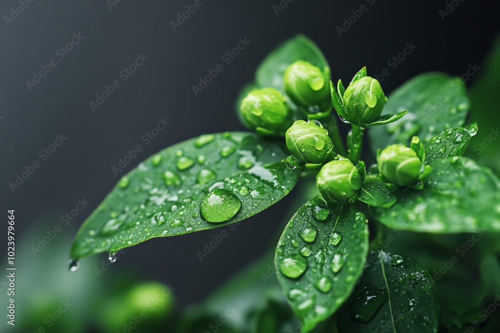 Fototapeta premium Close-up of fresh green leaves with water droplets, showcasing nature's beauty and vitality in a serene atmosphere.