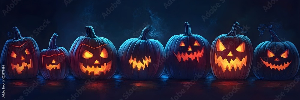 Illustration of illuminated carved pumpkins with different evil faces in darkness at Halloween night Illustration of illuminated carved pumpkins with different evil faces in darkness at Halloween night