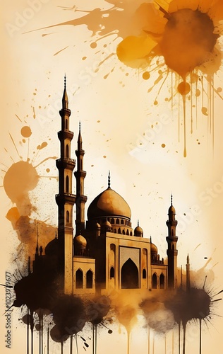 Islamic architecture silhouette, mosque domes, and minarets, watercolor background