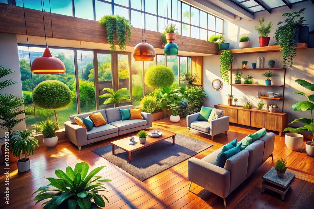 Fototapeta premium Clean Home Vibes - Serene Digital Illustration of a Spotless Interior with Drone Perspective, Bright Colors, and Inviting Atmosphere