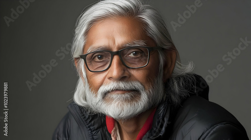 Portrait of a Senior Man with a Gray Beard and Glasses