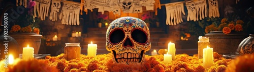 Colorful sugar skull surrounded by marigold flowers and candles, celebrating the Day of the Dead with vibrant cultural elements.