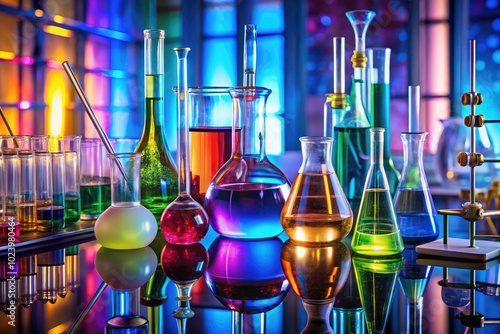 A collection of chemical glass flasks and specialized laboratory equipment enhances the scientific research environment, enabling detailed experimentation and analysis of various chemical processes.