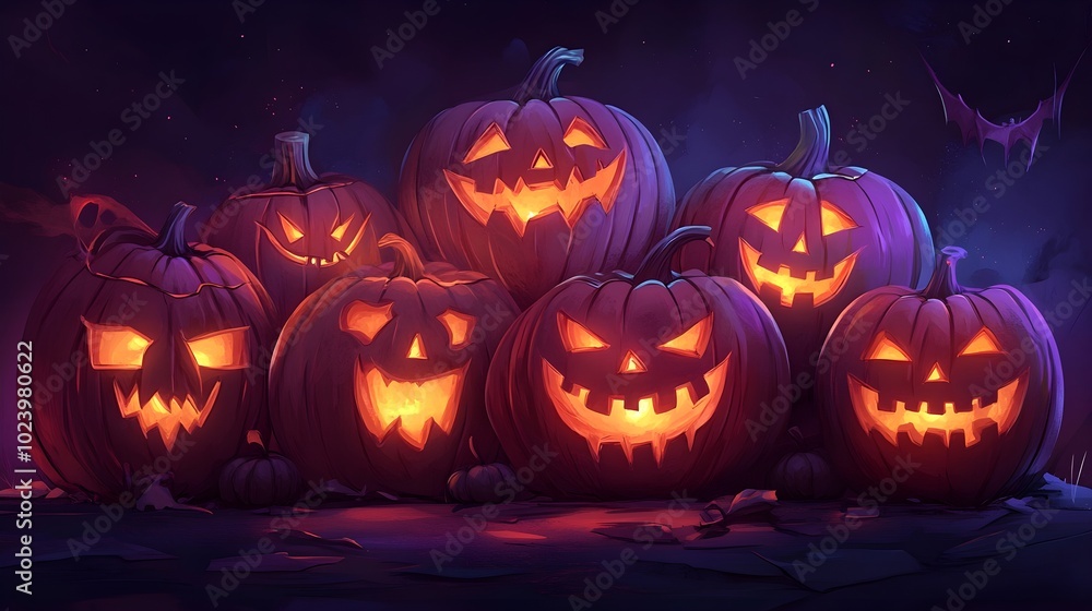 Illustration of illuminated carved pumpkins with different evil faces in darkness at Halloween night Illustration of illuminated carved pumpkins with different evil faces in darkness at Halloween night
