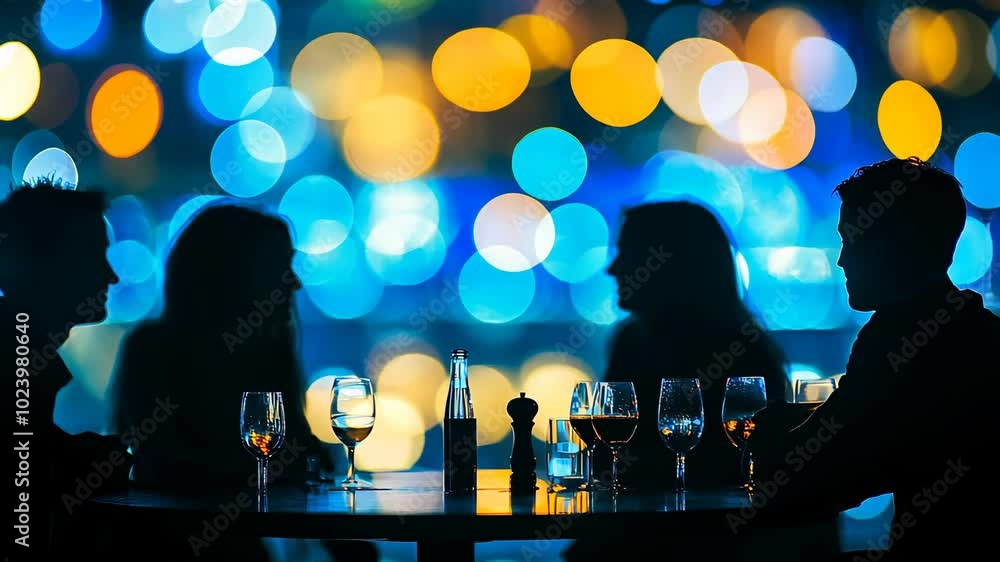 Four people are silhouetted against a background of colorful lights at a restaurant, enjoying a night out together